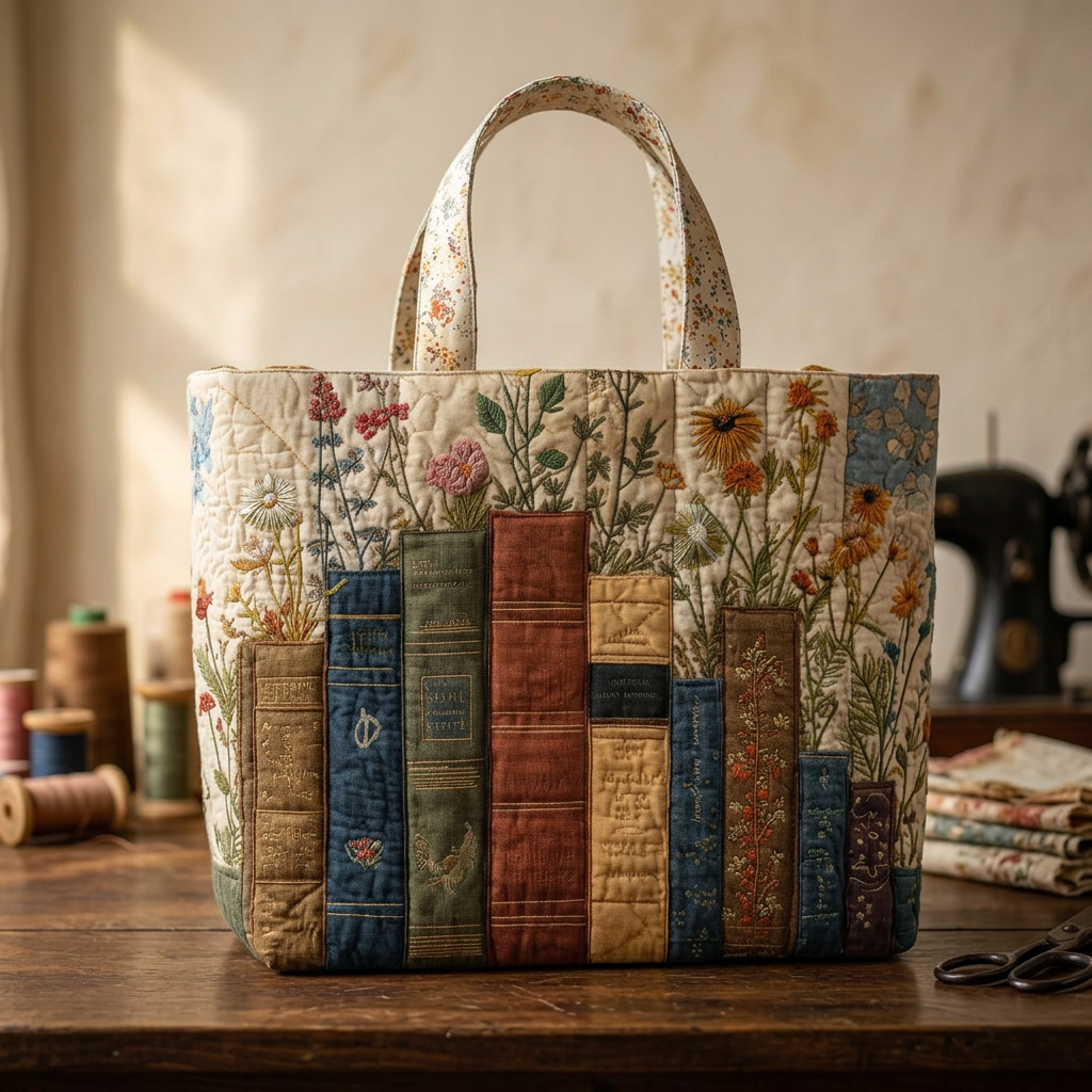 Quilted tote bag with embroidered flowers and colourful book spine panels