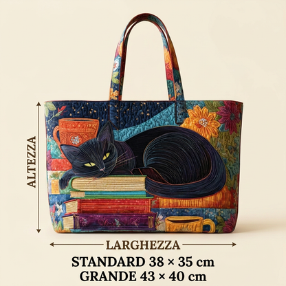 Multicolor quilted tote bag with black cat, books, cups and floral panels