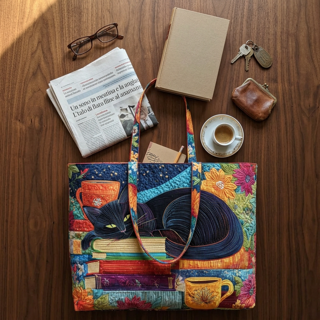 Multicolor quilted tote bag with black cat, books, cups and floral panels