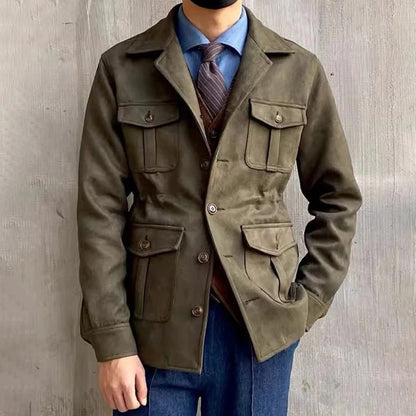 Men's multi-pocket hunting jacket with lapel collar and button front