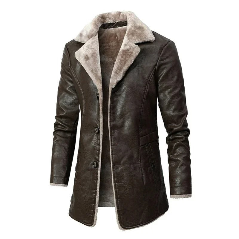 Men's structured lined coat with notched lapels and button front