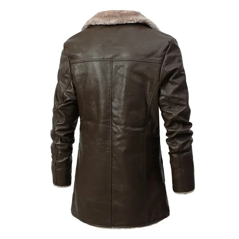 Men's structured lined coat with notched lapels and button front