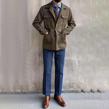 Men's multi-pocket hunting jacket with lapel collar and button front