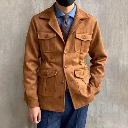 Men's multi-pocket hunting jacket with lapel collar and button front