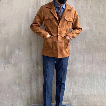 Men's multi-pocket hunting jacket with lapel collar and button front