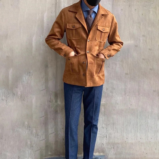 Men's multi-pocket hunting jacket with lapel collar and button front