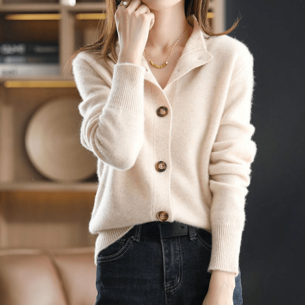 Women's long-sleeve button-front cardigan with ribbed stand collar