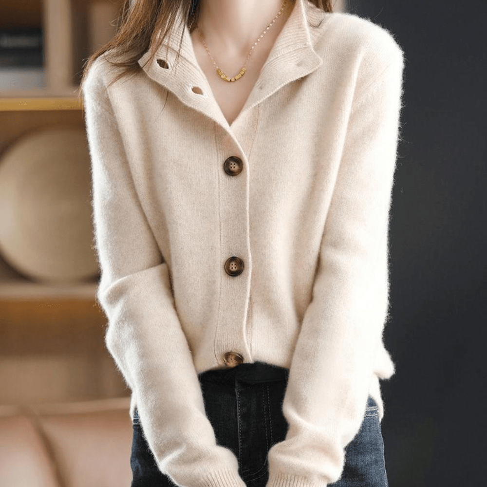 Women's long-sleeve button-front cardigan with ribbed stand collar