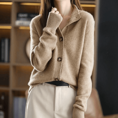 Women's long-sleeve button-front cardigan with ribbed stand collar