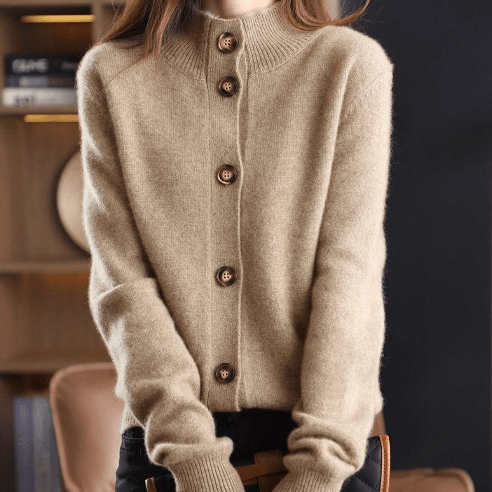 Women's long-sleeve button-front cardigan with ribbed stand collar