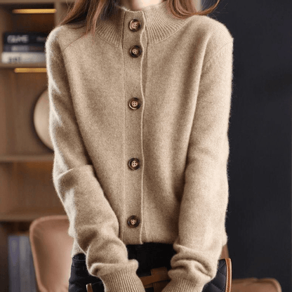 Women's long-sleeve button-front cardigan with ribbed stand collar