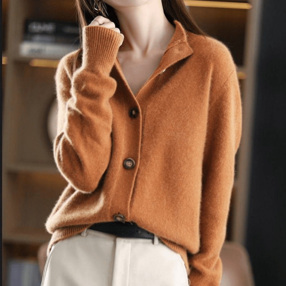 Women's long-sleeve button-front cardigan with ribbed stand collar