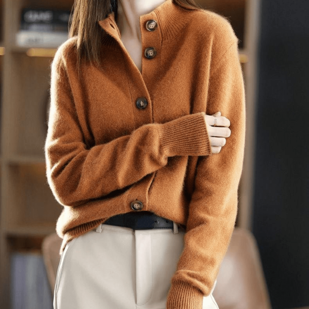 Women's long-sleeve button-front cardigan with ribbed stand collar