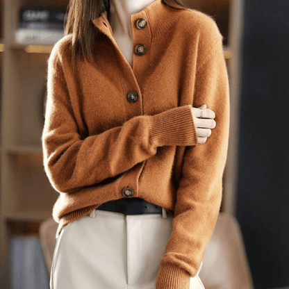 Women's long-sleeve button-front cardigan with ribbed stand collar