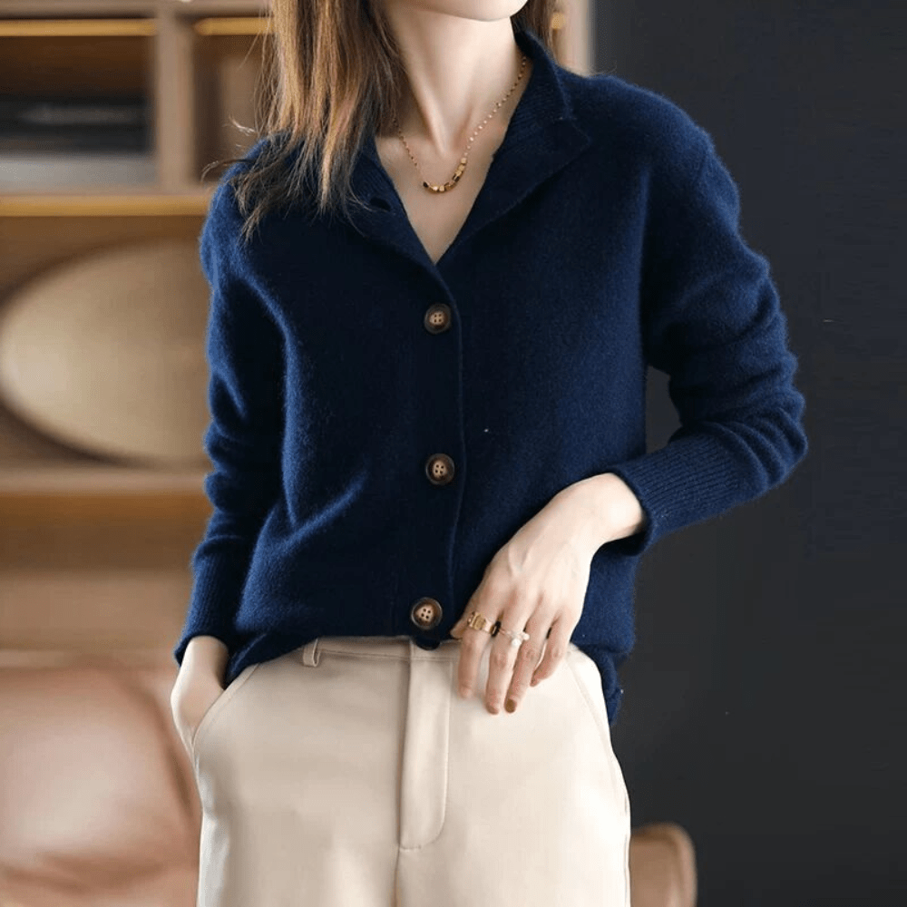 Women's long-sleeve button-front cardigan with ribbed stand collar