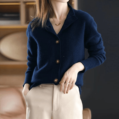 Women's long-sleeve button-front cardigan with ribbed stand collar