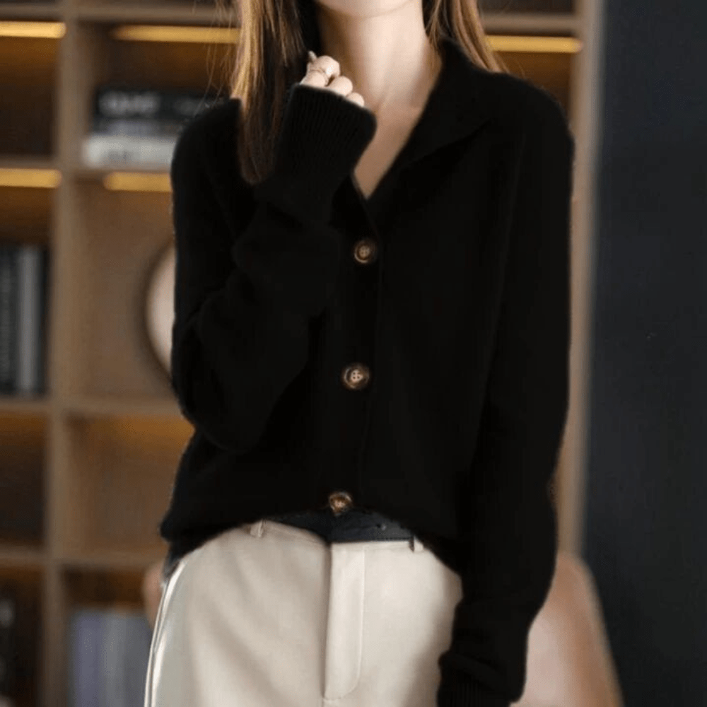Women's long-sleeve button-front cardigan with ribbed stand collar