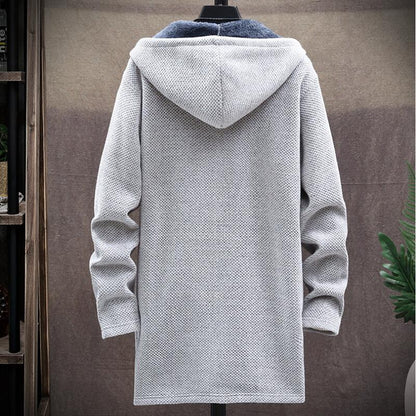 Men's hooded longline jacket with full-zip front, drawstring hood and front pockets