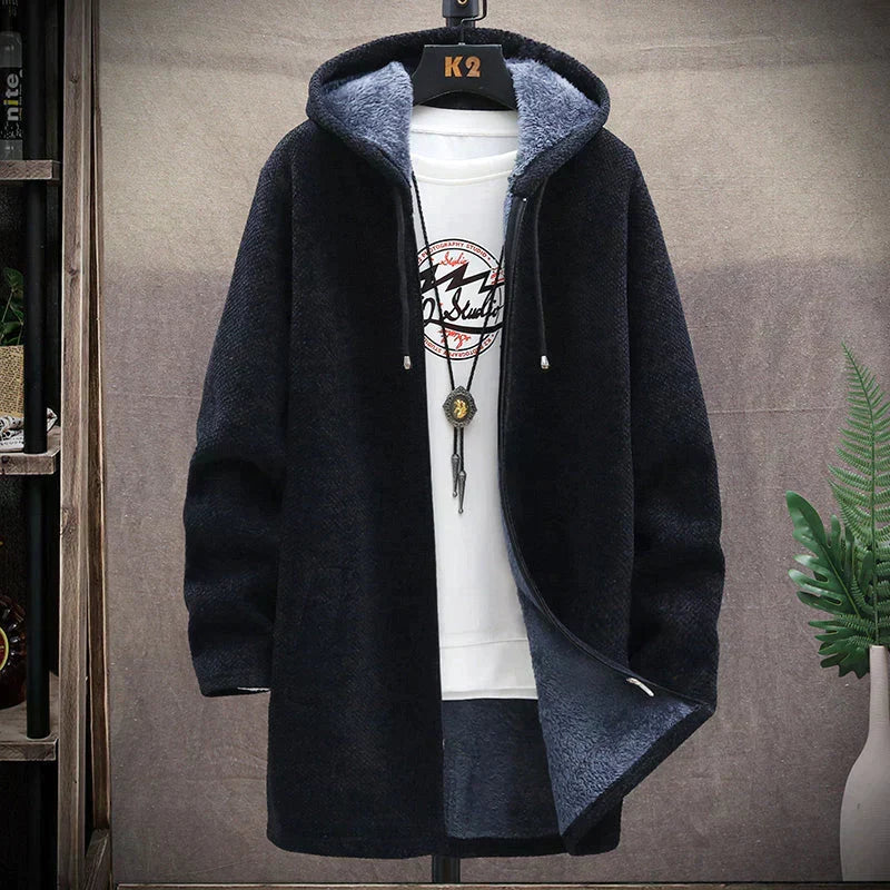 Men's hooded longline jacket with full-zip front, drawstring hood and front pockets