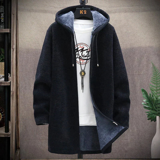 Men's hooded longline jacket with full-zip front, drawstring hood and front pockets