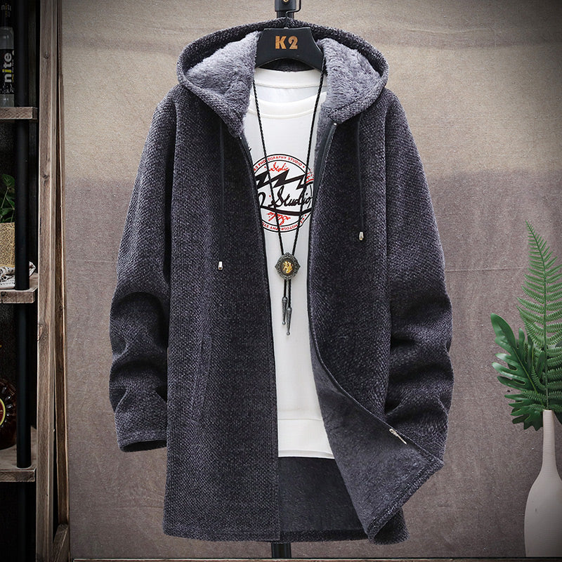 Men's hooded longline jacket with full-zip front, drawstring hood and front pockets