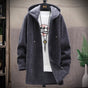 Men's hooded longline jacket with full-zip front, drawstring hood and front pockets
