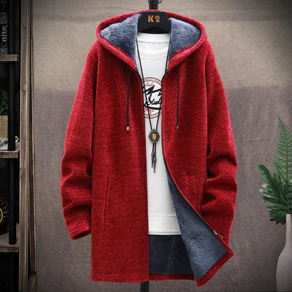 Men's hooded longline jacket with full-zip front, drawstring hood and front pockets