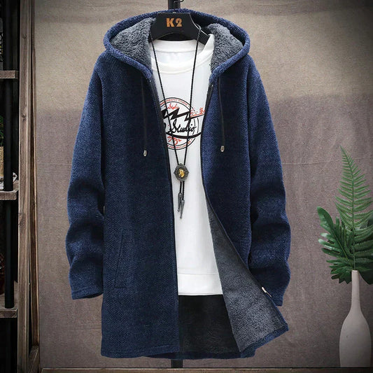 Men's hooded longline jacket with full-zip front, drawstring hood and front pockets
