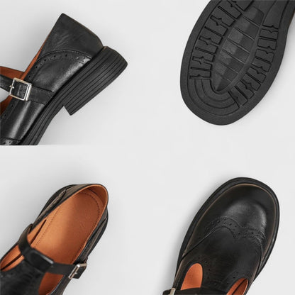 Women's Mary Jane shoes with brogue detailing, buckle strap and low heel