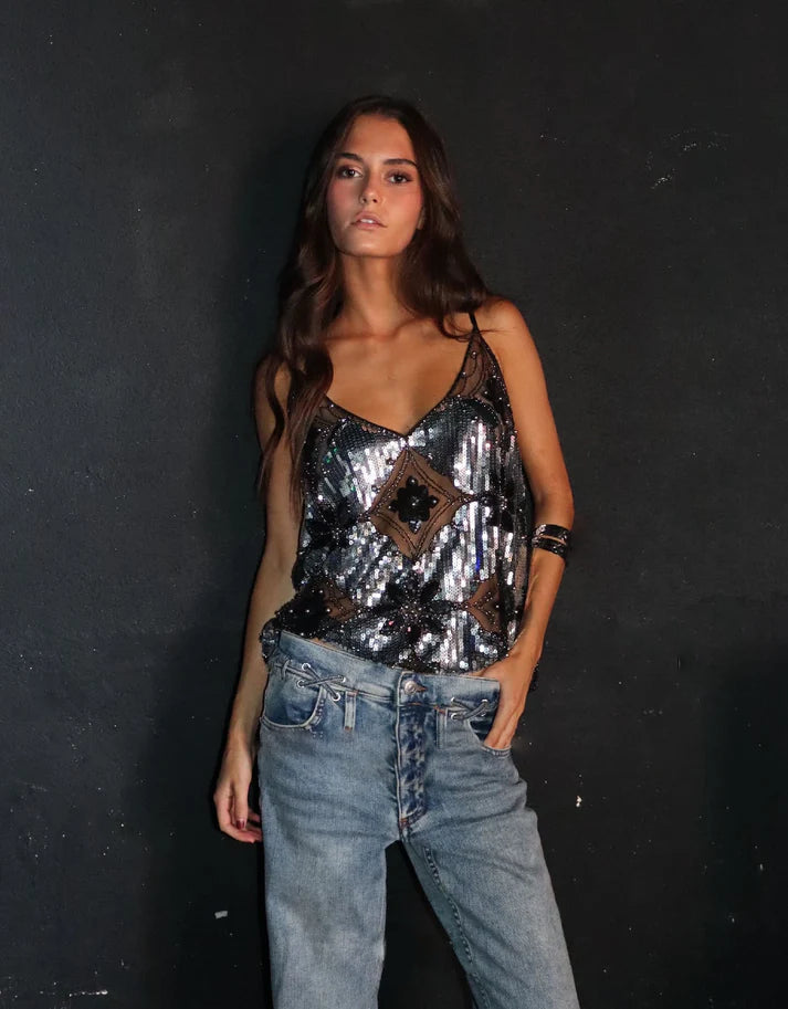 Women's Spaghetti-Strap Cami Top — Fitted Shimmer-Detail Evening Top