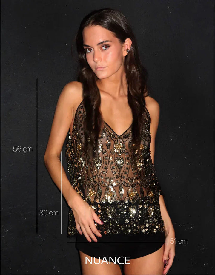 Women's Spaghetti-Strap Cami Top — Fitted Shimmer-Detail Evening Top