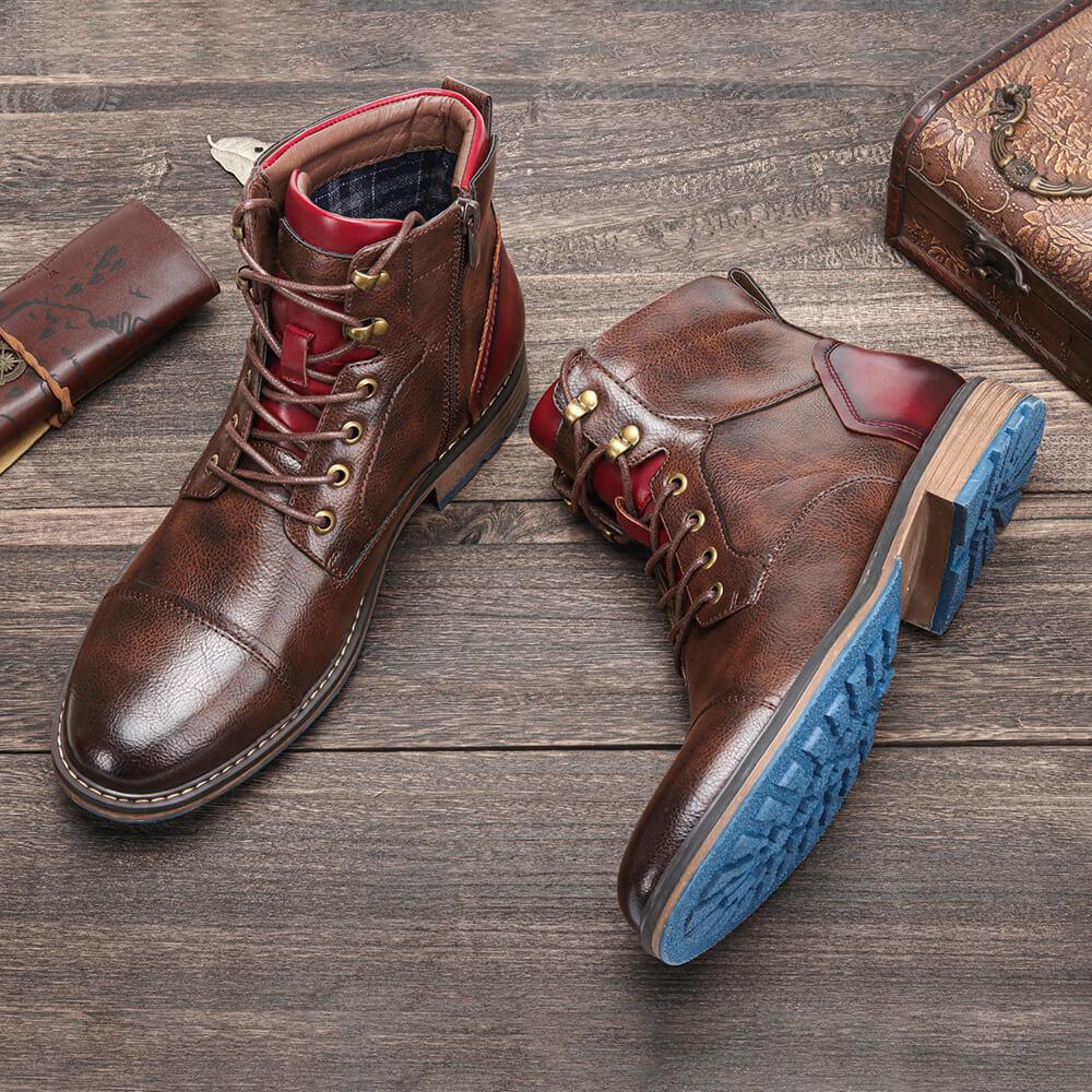 Men's brown lace-up ankle boots with side zipper