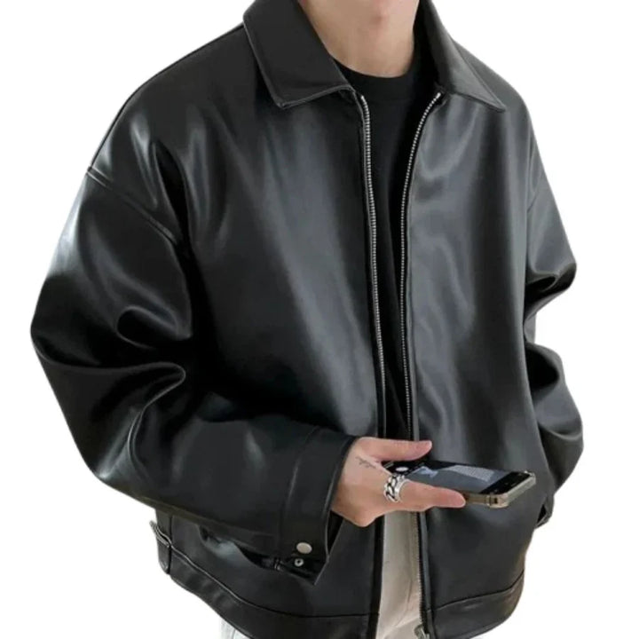 Men's black faux leather jacket with collar and front zipper