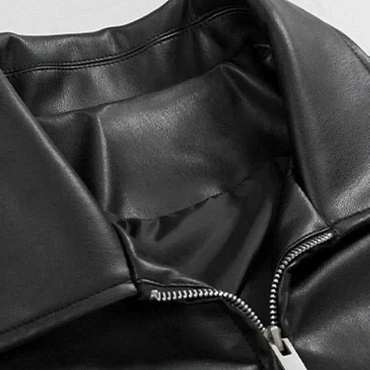 Men's black faux leather jacket with collar and front zipper