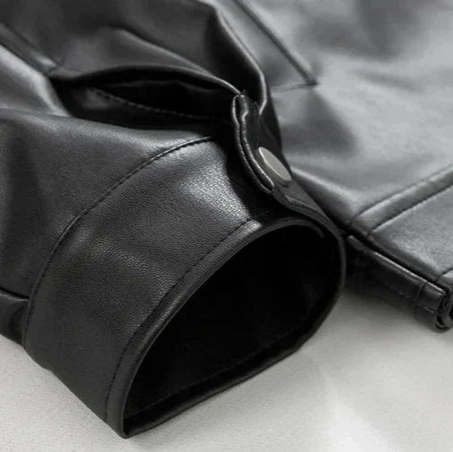 Men's black faux leather jacket with collar and front zipper