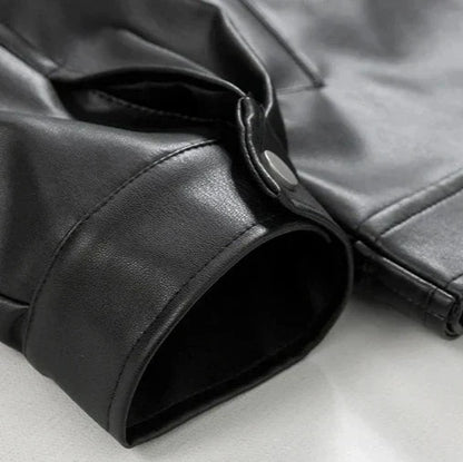 Men's black faux leather jacket with collar and front zipper
