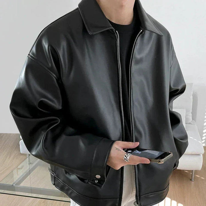 Men's black faux leather jacket with collar and front zipper