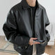Men's black faux leather jacket with collar and front zipper