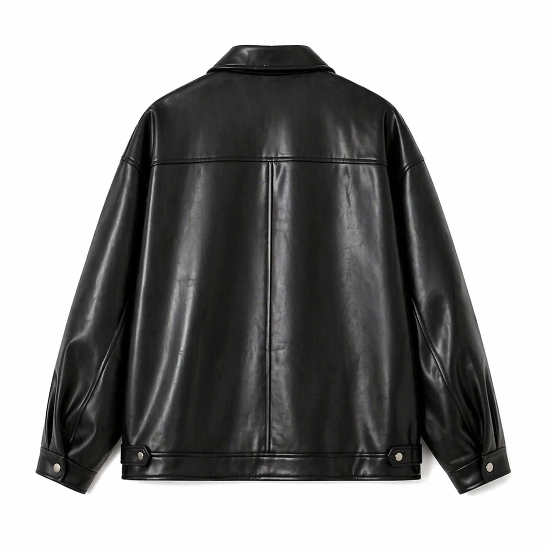 Men's black faux leather jacket with collar and front zipper