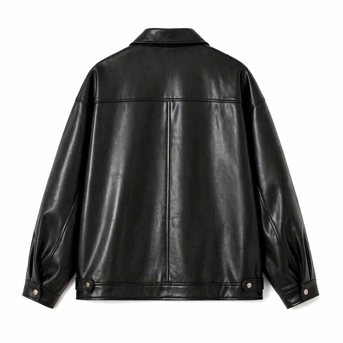 Men's black faux leather jacket with collar and front zipper