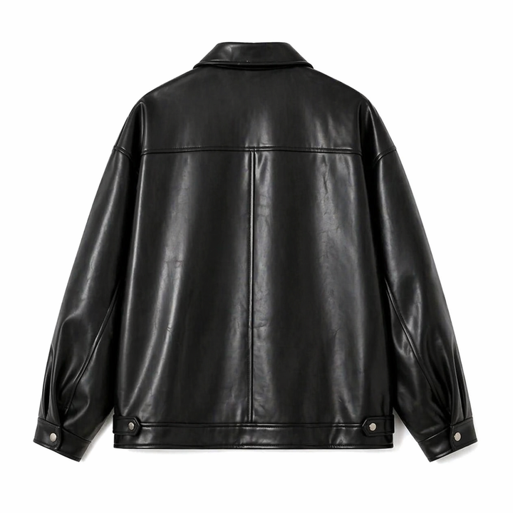 Men's black faux leather jacket with collar and front zipper