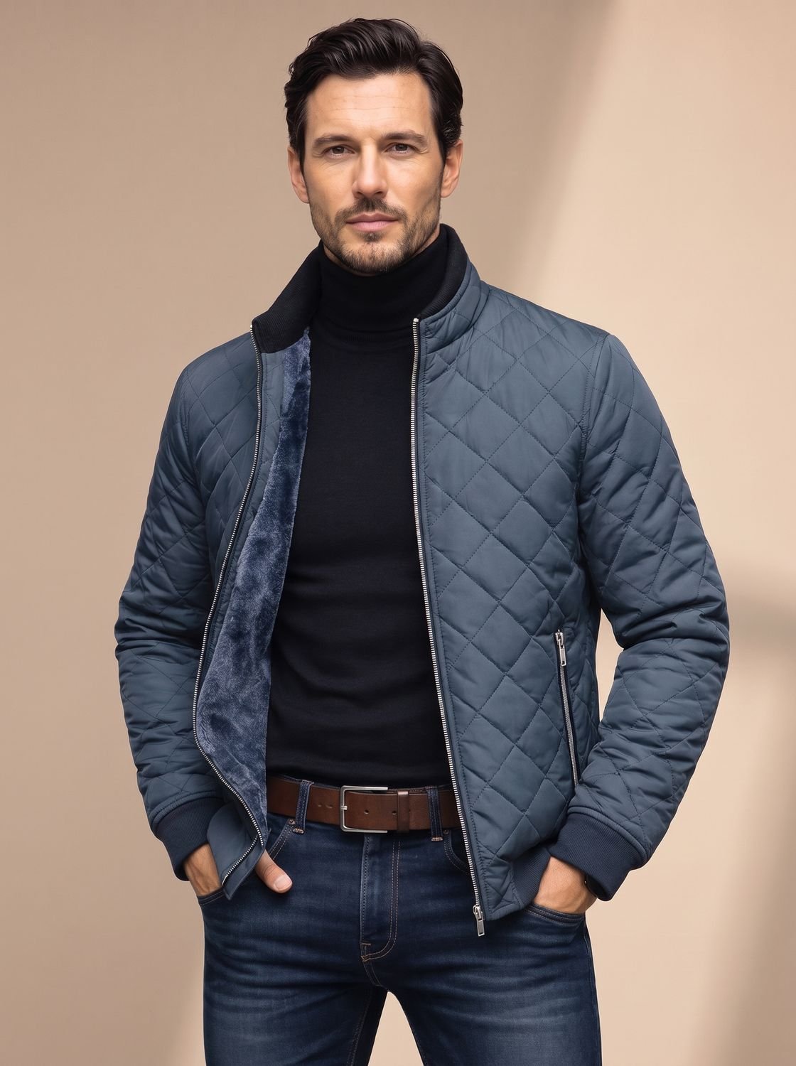 Men's diamond quilted jacket with stand collar, full zip and fleece lining