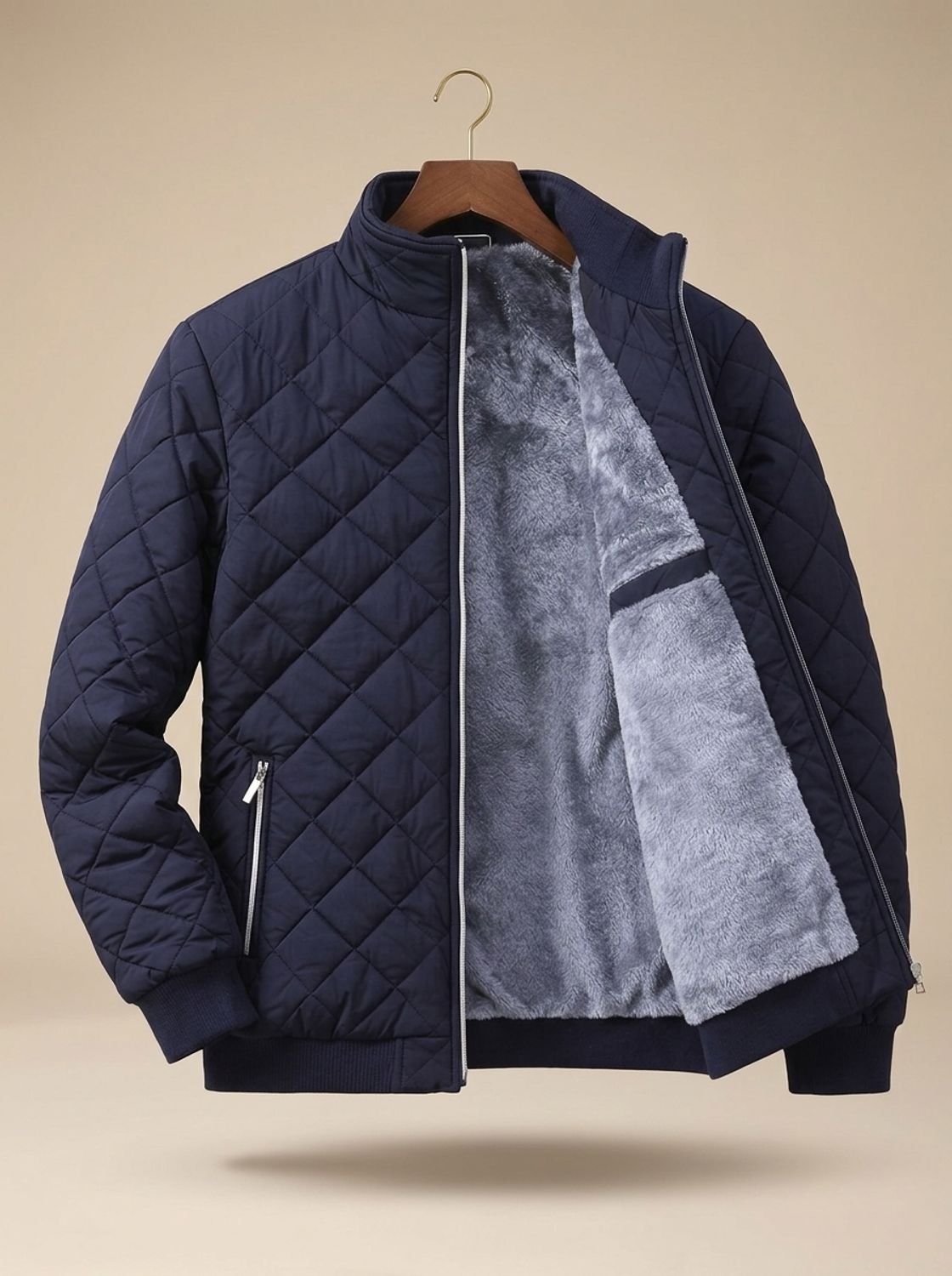 Men's diamond quilted jacket with stand collar, full zip and fleece lining