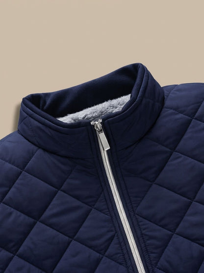 Men's diamond quilted jacket with stand collar, full zip and fleece lining