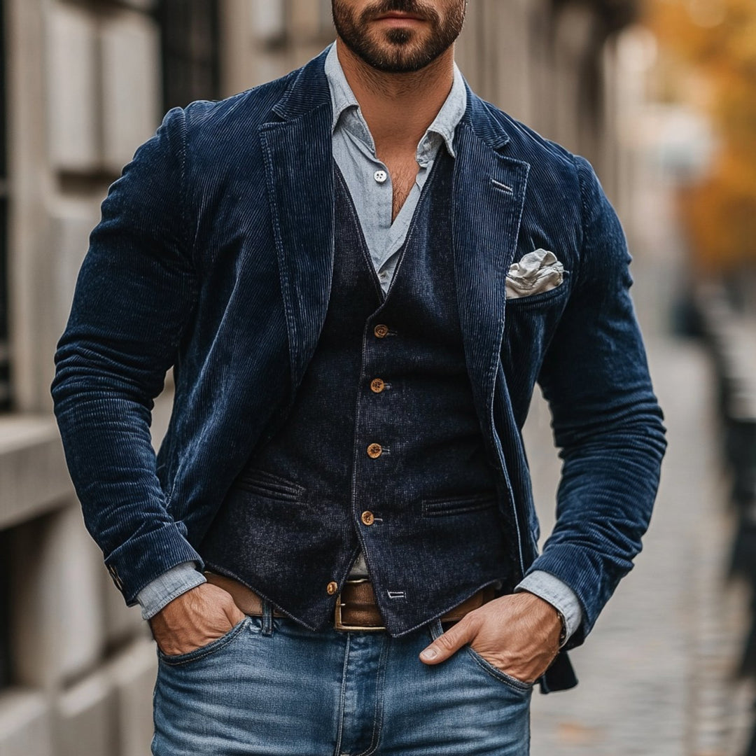 Men's corduroy blazer and waistcoat set with notched lapels