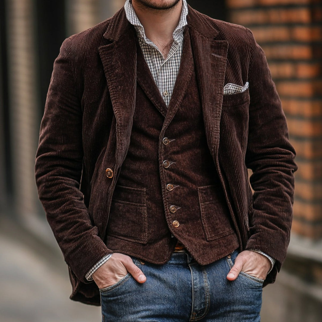 Men's corduroy blazer and waistcoat set with notched lapels