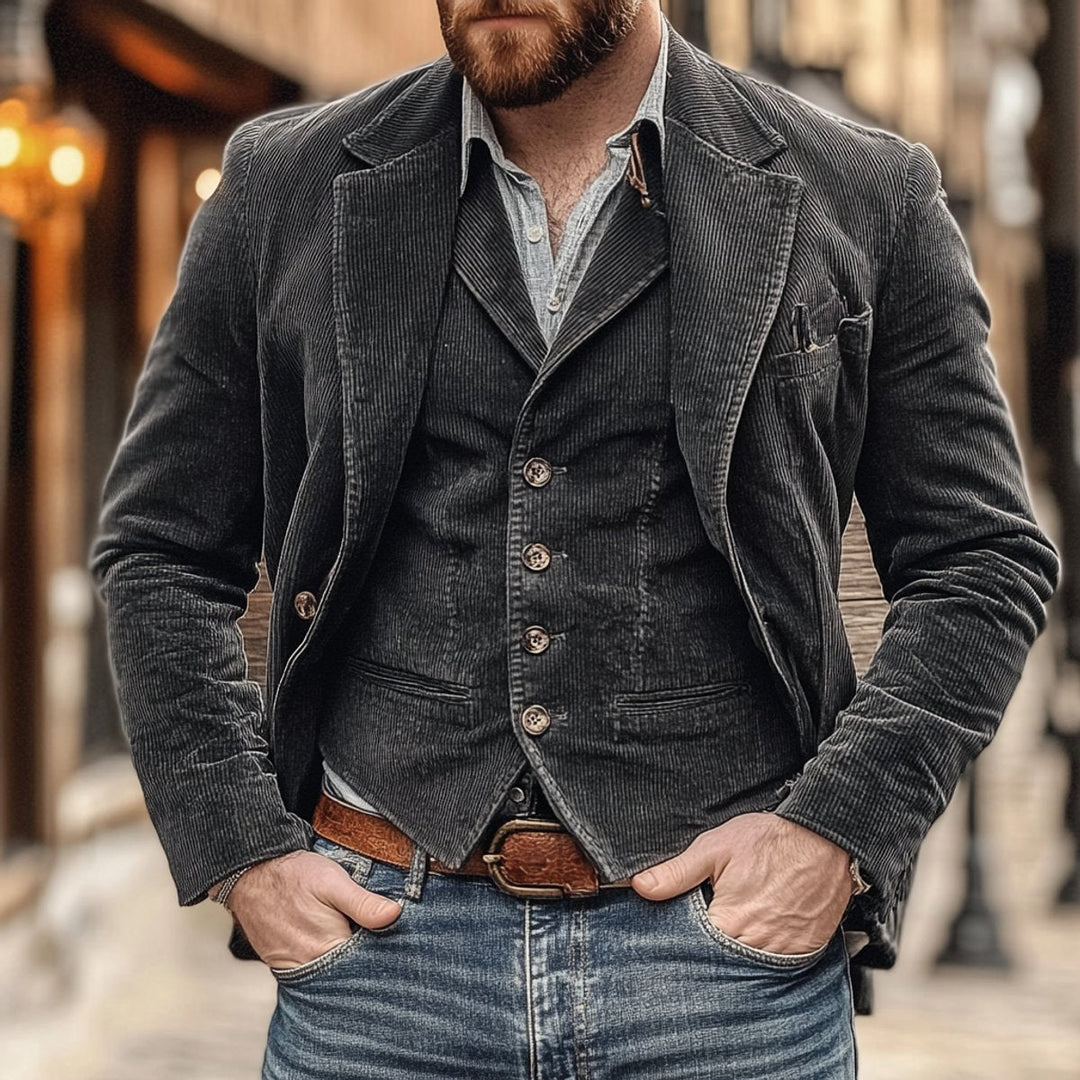 Men's corduroy blazer and waistcoat set with notched lapels