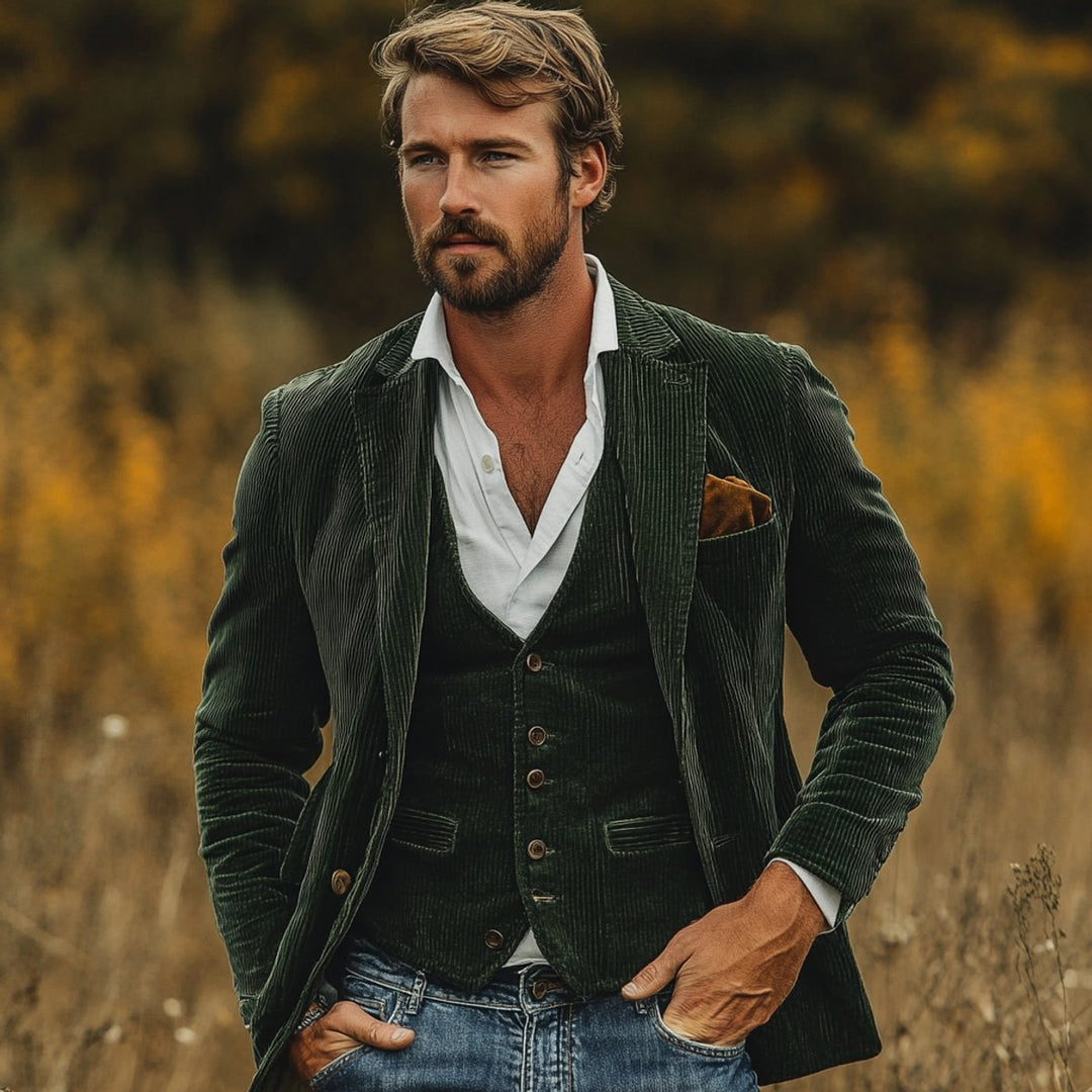 Men's corduroy blazer and waistcoat set with notched lapels