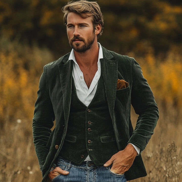 Men's corduroy blazer and waistcoat set with notched lapels