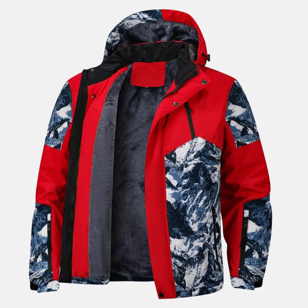 Men's hooded jacket with mountain print panels and zip front